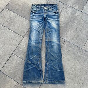 Fly Paper Women Low Rise Flare Jeans Blue Whiskered Distressed Denim Y2K Style